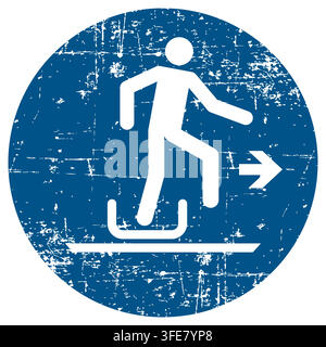 Alight from toboggan to the right, ISO 7010 M051 Mandatory Action Sign, Distressed Grunge Texture, Weathered Worn Safety Pictogram, Blue Evacuation Fire Warning Symbol Stock Vector