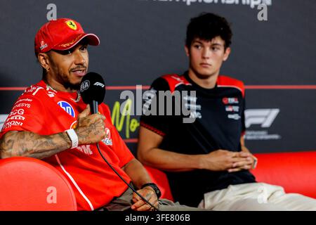 Arrivals Day. 3rd Sep, 2026. Scuderia Ferrari HP driver Lewis Hamilton of Great Britain, TGR Haas F1 Team driver Oliver Bearman of Great Britain the press conference at the Formula 1 Italian Grand Prix 2026 Credit: Action Plus Sports/Alamy Live News Stock Photo