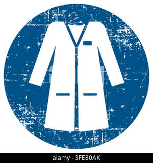 Wear laboratory coat, ISO 7010 M059 Mandatory Action Sign, Distressed Grunge Texture, Weathered Worn Safety Pictogram, Blue Evacuation Fire Warning Symbol Stock Vector