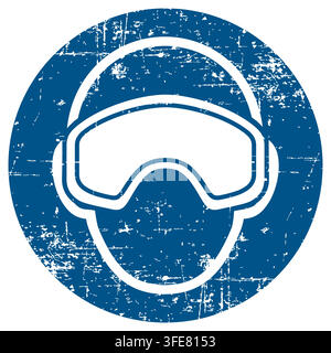 Wear snow goggles, ISO 7010 M067 Mandatory Action Sign, Distressed Grunge Texture, Weathered Worn Safety Pictogram, Blue Evacuation Fire Warning Symbol Stock Vector