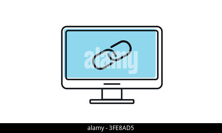 Desktop computer monitor with chain link URL symbol on screen vector icon. Black line art with color offset fill style on white background. Stock Vector