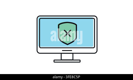 Desktop computer monitor with shield and error cross mark symbol on screen vector icon. Stock Vector