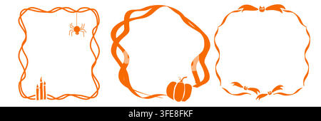 Set of hand drawn doodle scalloped Halloween frames. Coquette ribbon bow, bats, skull and bones border, candy, candles. Spooky vector graphic Stock Vector