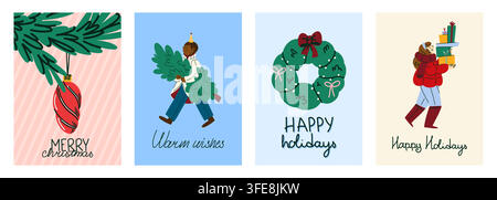 Collection of four Happy Holidays Christmas greeting cards with festive winter illustrations, gifts, greenery and cheerful characters, designed for se Stock Vector