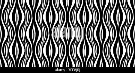 Dense black and white zebra-inspired stripe pattern with repeated narrow waves and rhythmic organic animal fur texture Stock Vector