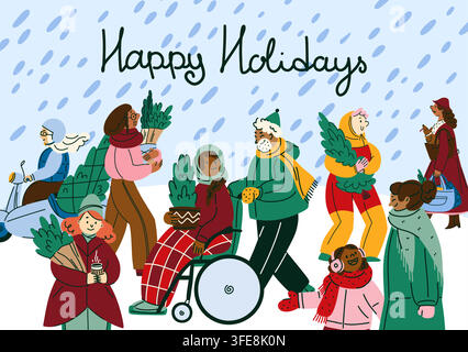 Happy Holidays winter greeting card featuring a cheerful family group surrounded by Christmas presents, festive outdoor scene about togetherness, cele Stock Vector