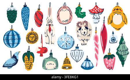 Hand Drawn Christmas Ornament Collection with Colorful Bauble, Bell, Star and Festive Tree Decorations Stock Vector
