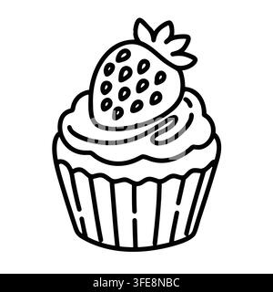 Strawberry cupcake with dessert, fruit, cream, sweet frosting, seeds, berry topping, pastry wrapper and detailed vector artwork in clean black outline Stock Vector