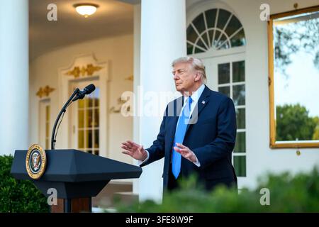 President Donald J. Trump delivers remarks during a Rose Garden Dinner at the White House in Washington, D.C., September 2, 2026. Trump speaks from a presidential lectern during the evening gathering. Image courtesy of the White House. Stock Photo
