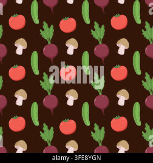 Vegetable seamless pattern background with tomato cucumber beet and mushroom Stock Vector