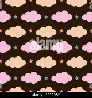 Night sky seamless pattern background with clouds and tiny stars Stock Vector