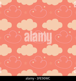 Cute sky seamless pattern background with fluffy clouds and stars Stock Vector