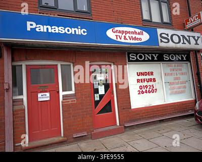 Grappenhall TV & Video shop at 166 Knutsford Road, with Sony, JVC and Panasonic branding. Stock Photo