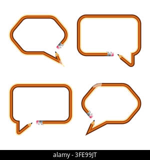 A creative vector collection of speech bubble frames uniquely shaped from pencils with erasers, featuring rounded and rectangular dialogue box borders Stock Vector