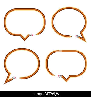 A creative vector collection of speech bubble frames uniquely shaped from pencils with erasers, featuring rounded and rectangular dialogue box borders Stock Vector