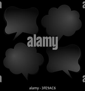 A futuristic vector collection of blank speech and thinking bubbles featuring a sleek glassmorphism effect with metallic grey frames and glossy reflec Stock Vector
