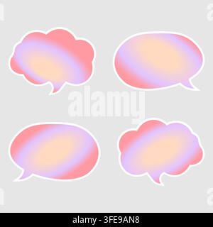 A creative vector collection of blank speech bubble stickers featuring a soft holographic gradient and cloud-like shapes with a thin white border outl Stock Vector