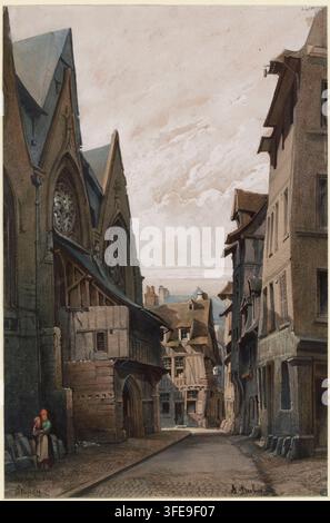 A drawing of the Église Saint-Vivien in Rouen, Seine-Maritime, by Louis Deglatigny, a 19th-20th century French artist, showing a narrow cobblestone street with timber-framed structures and a church with a clock tower. Stock Photo
