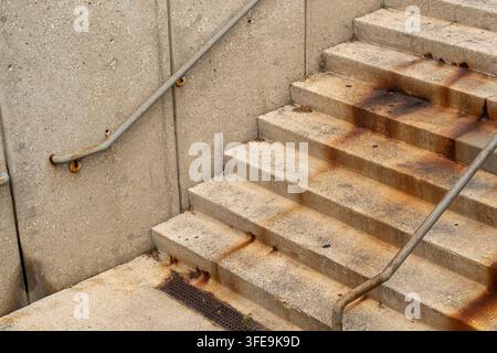 concrete stairs covered with dramatic rust streaks, revealing organic patterns, earthy colors and weathered textures created by years of exposure Stock Photo