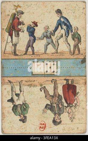 An engraved print from the early 19th century, featuring a rectangular design divided into two horizontal sections, with five figures in different colored clothing and a blue band with a central square containing four black dots. Stock Photo