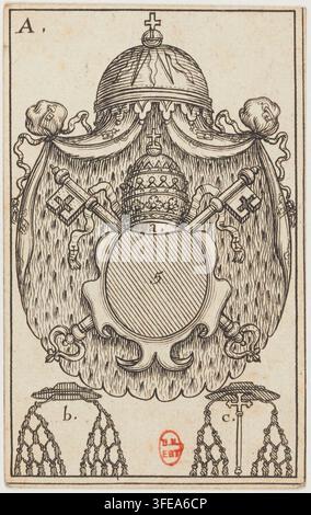 An engraved print by Guillaume Vallet, a 17th-century French engraver, from a 1690 book on educational games, featuring a heraldic shield with a papal tiara and crossed keys, surrounded by draped fabric and ecclesiastical headwear. Stock Photo
