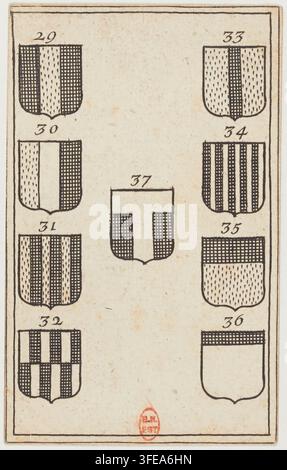 An engraving from a 1690 book by Guillaume Vallet, a French engraver, showing nine shield-shaped heraldic emblems arranged in three columns, each marked with a number from 29 to 37, displaying various patterns of black and white sections, with a red circular stamp, related to educational games and heraldry. Stock Photo