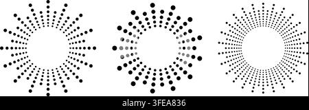 Radial sunburst with halftone dots creating dynamic rays. Circular pattern with concentric lines. Stock Vector