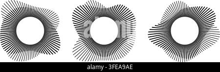 Sound wave circles with radial lines create abstract music pattern. Geometric rings form dynamic audio visualization with sunburst rays and concentric sound ripples. Stock Vector