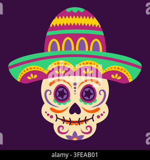 Ornate floral sugar skull with traditional decorated sombrero hat. Dia de los Muertos celebration symbol representing Mexican culture, remembrance, tradition festive. Calavera skull, Day of the Dead Stock Vector