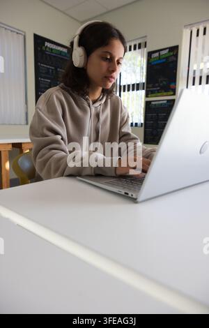 Female youth sitting at table wearing beige hoodie, coding posters behind working on silver laptop Stock Photo
