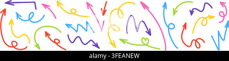 Hand drawn arrow set with colorful lines and sketch vectors. Stock Vector