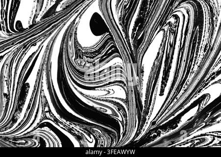 Intricate black and white liquid pattern background showing swirled ebru marbling art design Stock Photo