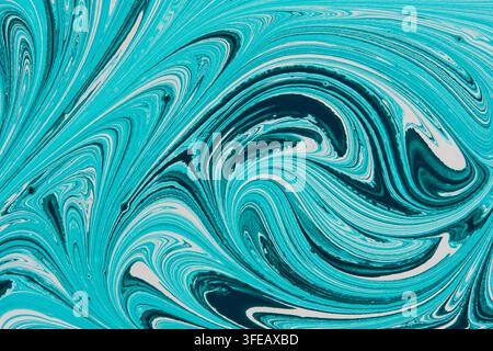 Swirling turquoise and dark teal acrylic paint background. Abstract marble texture with line art Stock Photo