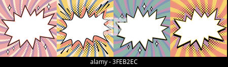 Comic starburst text box set with star shape speech bubble frames on colorful spiral backgrounds in pink, yellow, blue and mint tones. Retro vector Stock Vector