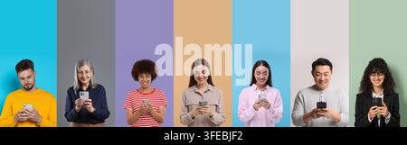 People using smartphones. Collage of portraits on colorful backgrounds Stock Photo