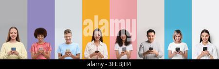 People using mobile phones. Collage of portraits on colorful backgrounds Stock Photo