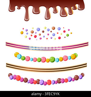 Vector confectionery set with melting chocolate drip, colorful sprinkles, and candy borders on white background. Sweet clipart for cake design. Stock Vector
