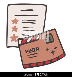 Letter to Santa. Christmas craft envelope with wishlist paper isolated on white. Vector illustration Stock Vector