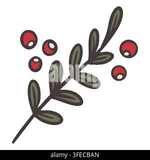Winter berry branch. Christmas botanical foliage clipart isolated on white. Vector illustration. Stock Vector