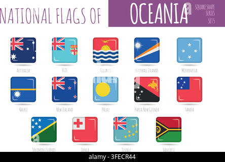 Set of 14 square shaped flags of the countries of Oceania. Icon set Vector Illustration. Stock Vector