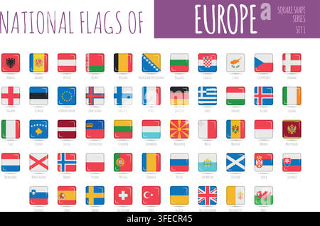Set of 53 square shaped flags of the countries of Europe. Icon set Vector Illustration. Stock Vector