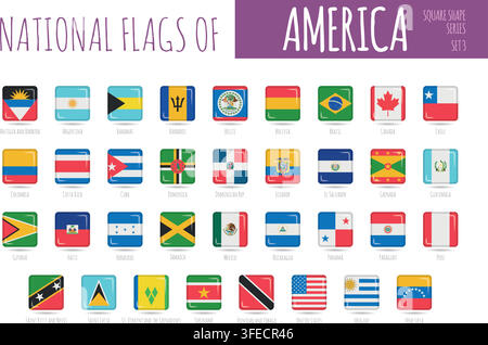 Set of 35 square shaped flags of the countries of America. Icon set Vector Illustration. Stock Vector
