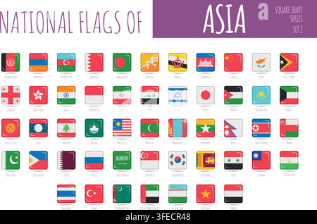Set of 51 square shaped flags of the countries of Asia. Icon set Vector Illustration. Stock Vector
