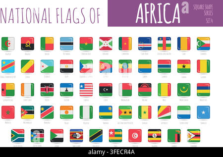 Set of 54 square shaped flags of the countries of Africa. Icon set Vector Illustration. Stock Vector