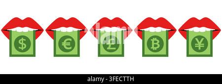 set of red mouth with white teeth and banknote icon sticking out on white background. Stock Vector
