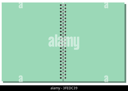 Green Letter landscape spiral page has black center coils, blank rectangular sheet, clean surface, and gray offset shadow. Useful for journaling, less Stock Vector