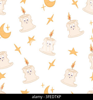 Seamless vector pattern with Halloween candles, moons and stars Stock Vector