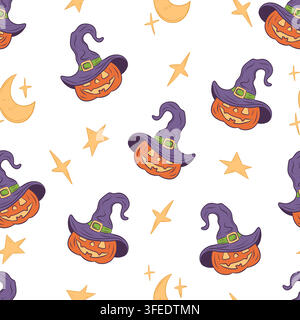 Seamless vector pattern of Halloween pumpkins in witch hats Stock Vector