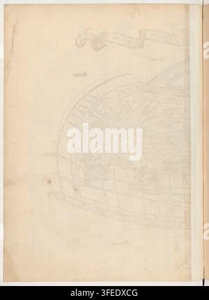 A 1522 atlas page displaying a globe with grid lines and faint landmasses, centered on the page with blank margins, showing portions of Africa, America, Asia, Europe, and the world. Stock Photo