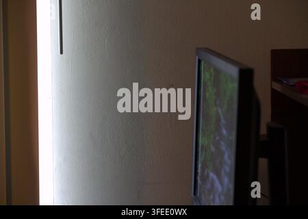 Side profile of a computer monitor displaying a green nature wallpaper inside a dimly lit room with daylight streaming from a doorway. Stock Photo